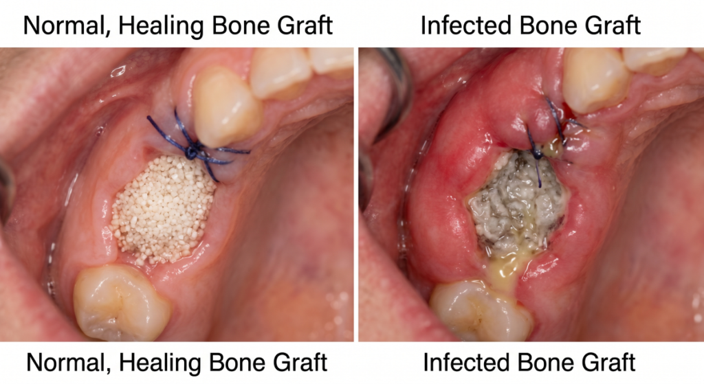 A side-by-side clinical comparison of a dental bone graft. The left side shows a normal healing graft with white granular texture and healthy pink gums. The right side shows an infected graft with deep red swelling, disorganized granules, and yellowish pus discharge.