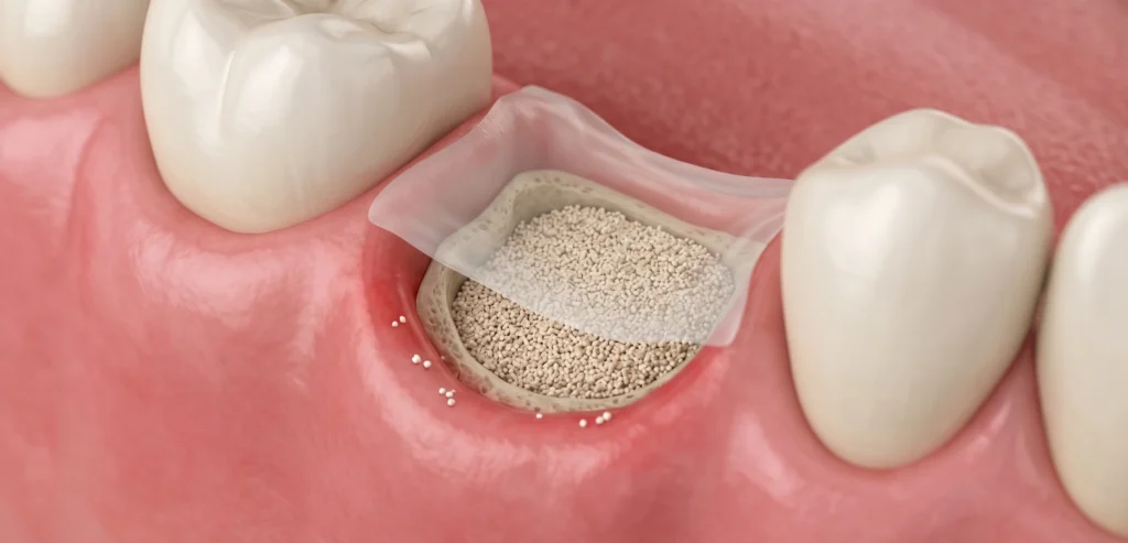 Healthy white granulation tissue and blood clot in a healing dental extraction socket after bone graft surgery.