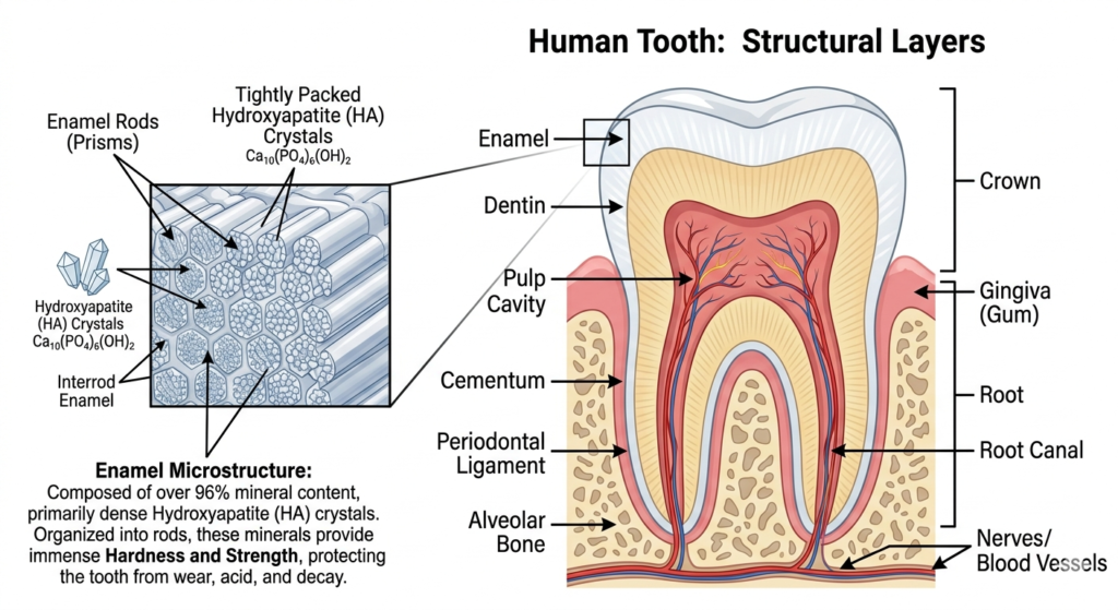 A scientific infographic diagram titled 'Human Tooth: Structural Layers' on a clean white background. On the right is a detailed cross-section of a human molar tooth with numerous labels: Crown, Root, Gingiva (Gum), Root Canal, Nerves/Blood Vessels, Enamel, Dentin, Pulp Cavity, Cementum, Periodontal Ligament, and Alveolar Bone. Arrows connect labels to the parts. On the left, an inset box labeled 'Enamel Microstructure' provides a magnified view of patterned enamel rods and prisms. This inset includes labels for 'Enamel Rods (Prisms)', 'Tightly Packed Hydroxyapatite (HA) Crystals' with chemical formula $Ca_{10}(PO_4)_6(OH)_2$, and 'Interrod Enamel'. Descriptive text below explains: 'Enamel Microstructure: Composed of over 96% mineral content, primarily dense Hydroxyapatite (HA) crystals. Organized into rods, these minerals provide immense Hardness and Strength, protecting the tooth from wear, acid, and decay.' A magnified pointer connects the inset box to a small section of the enamel layer.
