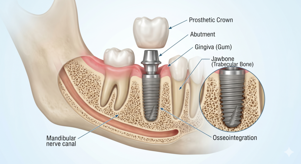 Detailed Dental Implant and Jaw Anatomy Diagram with Labeled Cross-Section