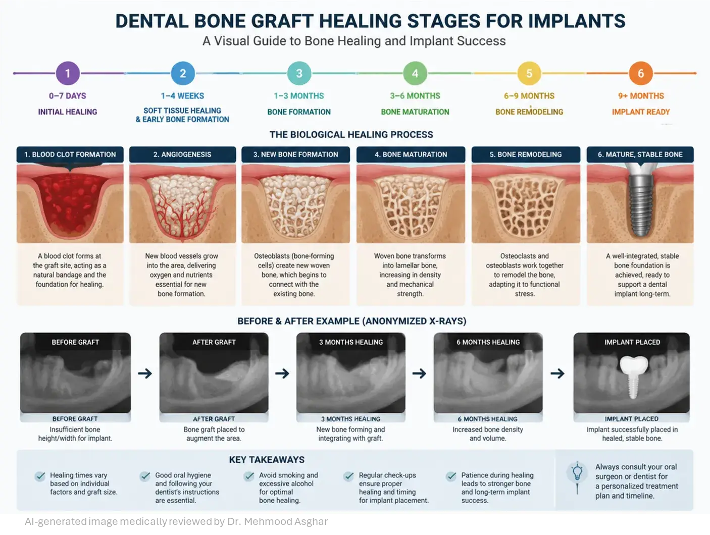 Dental Bone Graft Healing Stages: What to Expect from Day 1 to Month 6 4 dental bone graft healing stages infographic