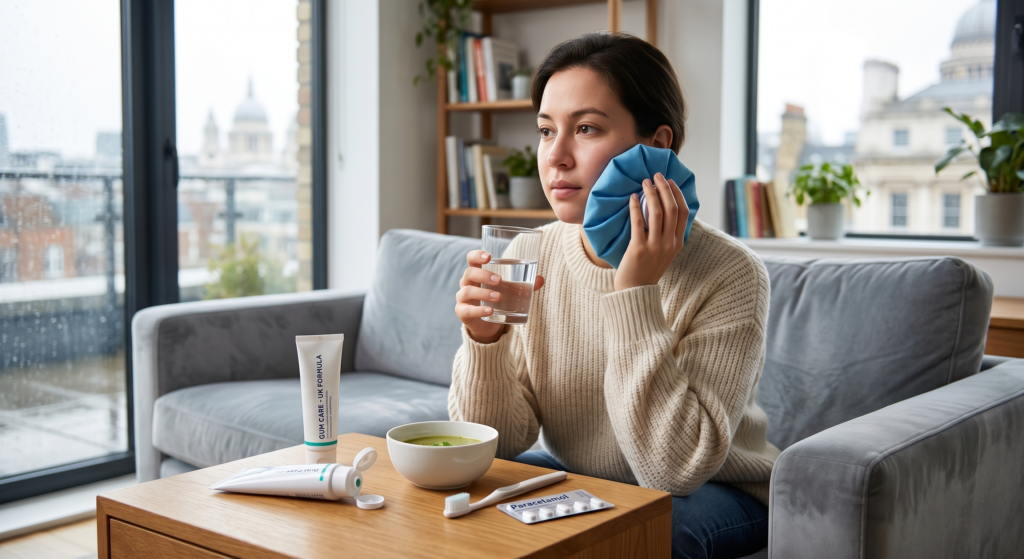 A woman recovering from a dental bone graft at home in a UK flat, holding a blue ice pack to her cheek with a bowl of soup and paracetamol on the table
