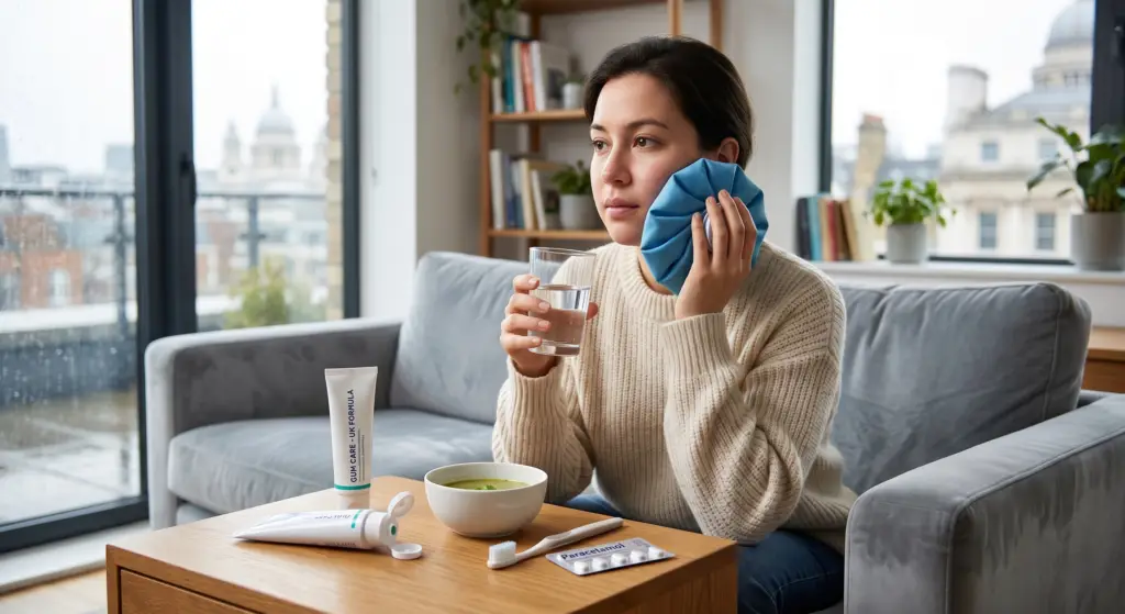 A woman recovering from a dental bone graft at home in a UK flat, holding a blue ice pack to her cheek with a bowl of soup and paracetamol on the table