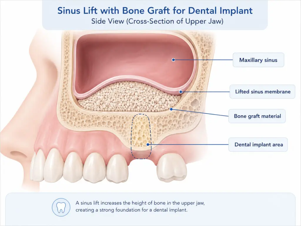 sinus lift procedure diagram Non-graphic diagram of a sinus lift and bone graft for an upper dental implant