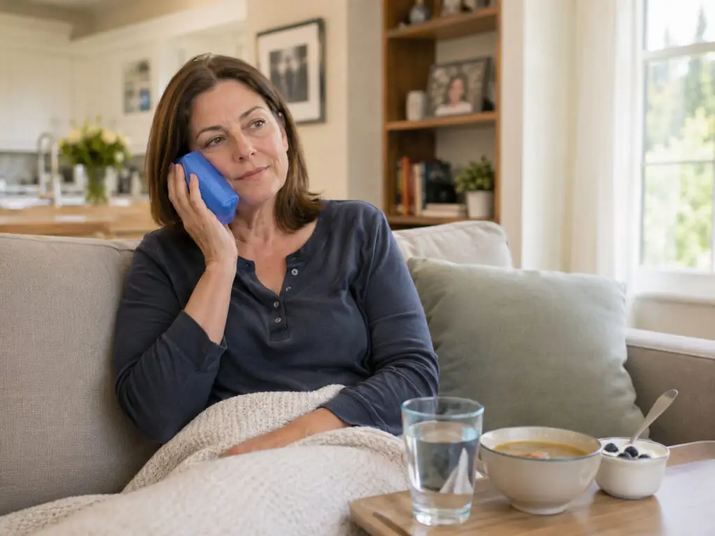 sinus-lift-recovery-home-care Patient resting at home after sinus lift bone graft and dental implant surgery