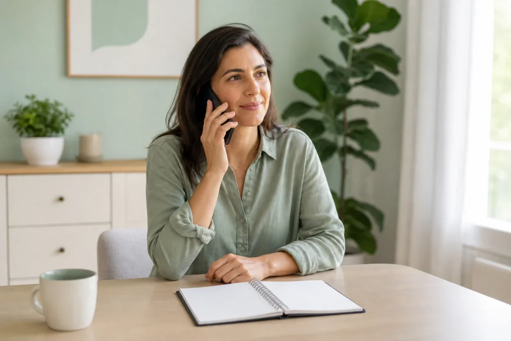 Patient calmly speaking with a dental clinic by phone about a dental implant concern