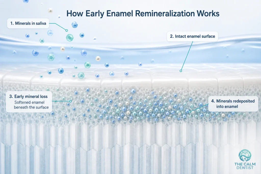 Diagram showing minerals remineralizing softened enamel beneath an intact surface