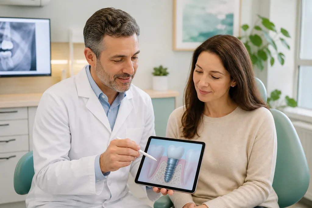 Dentist discussing gum tissue and dental implant follow-up care with a patient