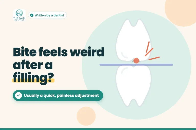Illustration of two molars meeting at a high spot on a new filling, titled Bite feels weird after a filling?