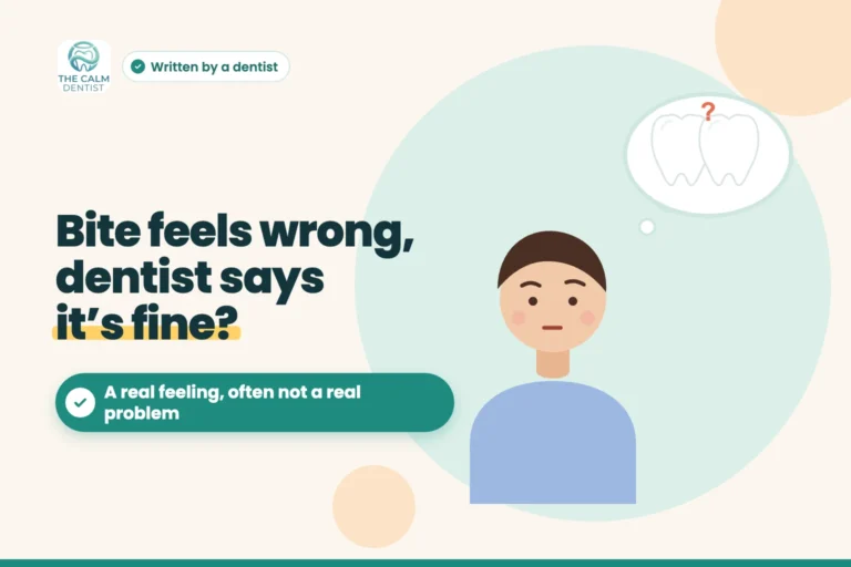 Illustration of a thoughtful person picturing their teeth with a question mark, titled Bite feels wrong, dentist says it is fine?