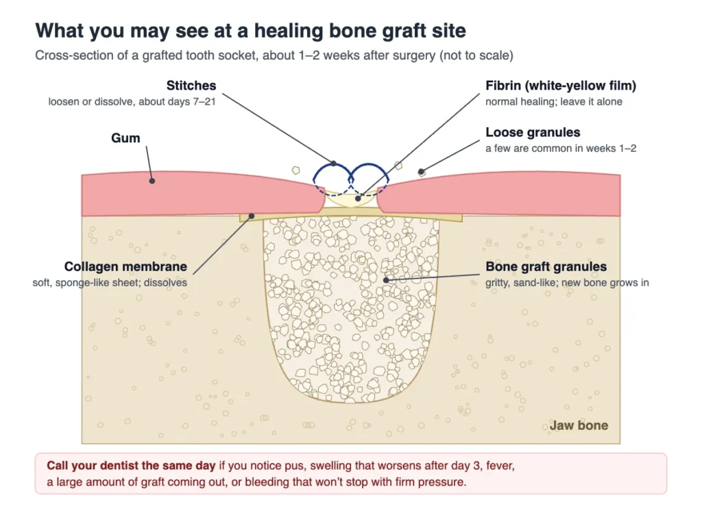 Labelled cross-section of a healing dental bone graft site 1 to 2 weeks after surgery, showing loose stitches, white-yellow fibrin, a few loose graft granules, the collagen membrane and sand-like bone graft granules in the socket