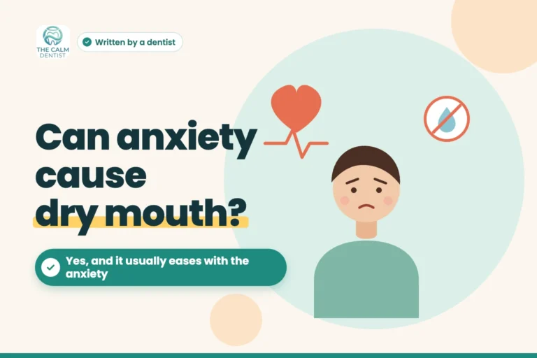 Illustration of an anxious person with a racing heart and a dry-mouth icon, titled Can anxiety cause dry mouth?