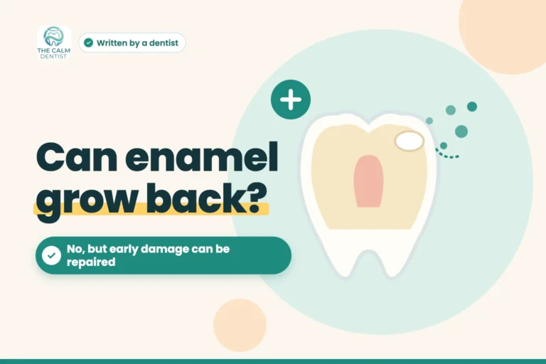 Illustration of a tooth with an early white spot being repaired by minerals, titled Can enamel grow back?