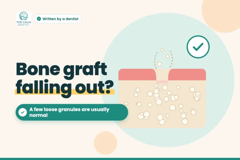 Illustration of a healing bone graft socket with a few granules coming loose, titled Bone graft falling out?