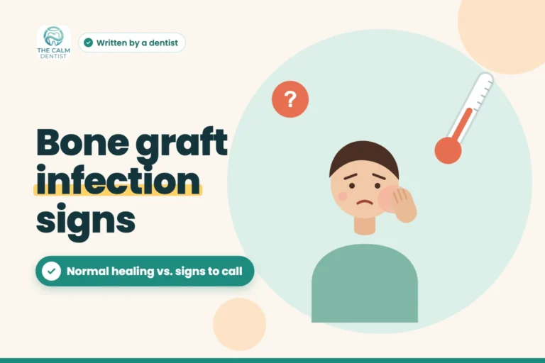 Illustration of a person holding a slightly swollen cheek beside a thermometer, titled Bone graft infection signs
