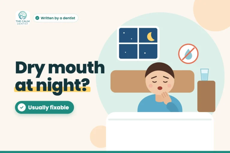 Illustration of a person waking at night with a dry mouth beside a glass of water, titled Dry mouth at night? Usually fixable