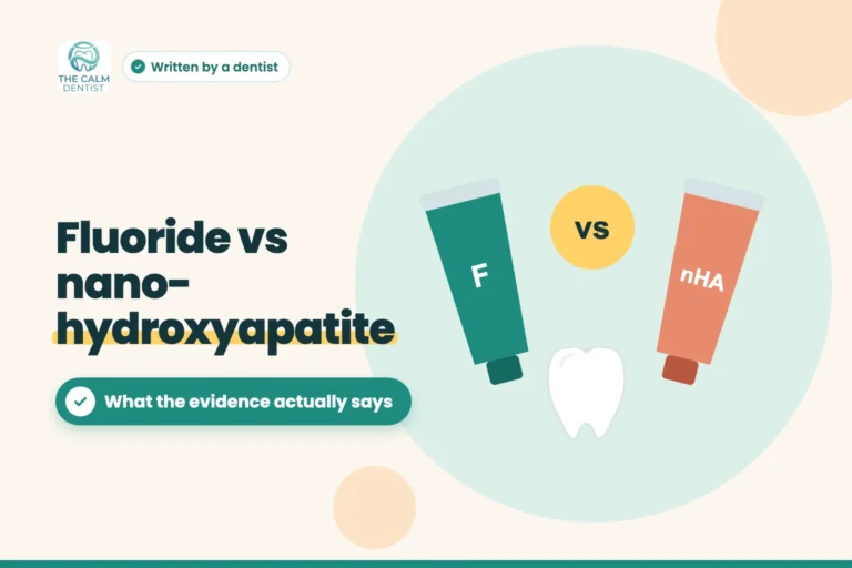 Illustration of a fluoride toothpaste versus a nano-hydroxyapatite toothpaste, titled Fluoride vs nano-hydroxyapatite