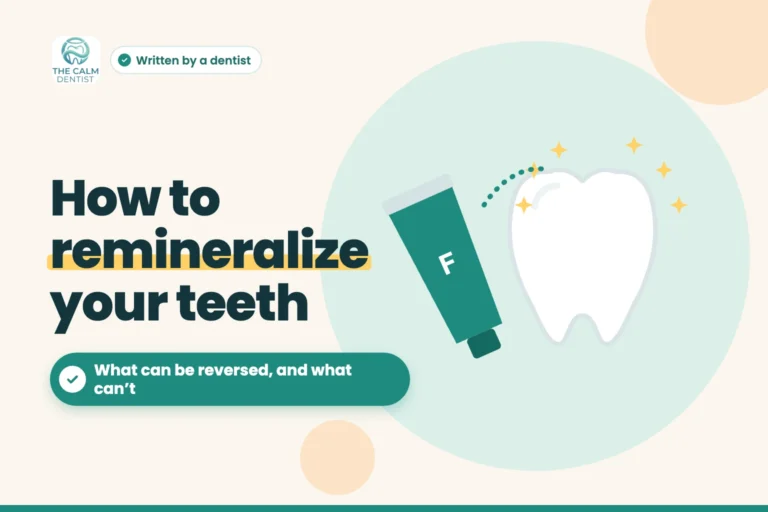 Illustration of fluoride toothpaste and a tooth with mineral sparkles, titled How to remineralize your teeth