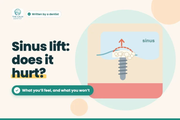 Cross-section illustration of a sinus lift with graft and implant, titled Sinus lift: does it hurt?