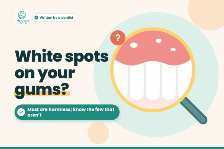 Magnified illustration of gums with small white spots, titled White spots on your gums?