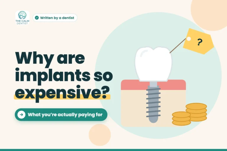 Illustration of a dental implant with crown, a price tag and coins, titled Why are implants so expensive?